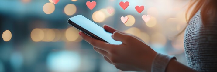 Poster - Woman interacting with love reactions on her smartphone against a blurred city backdrop. Online communication and social engagement theme.