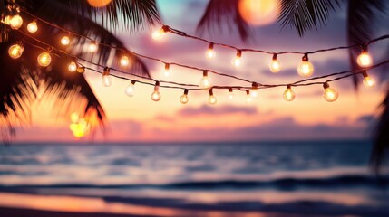 putting up festive lights to invite people to a beach party. Inspirational card for birthday, date, or wedding