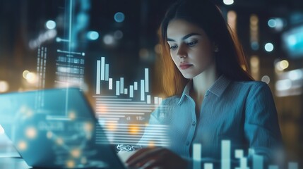 Poster - A woman analyzes data on a laptop surrounded by digital graphs in an urban setting at night