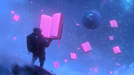 Poster - Glowing Books Floating in Starry Sky Symbolizing Stories and Dreams of Imagination