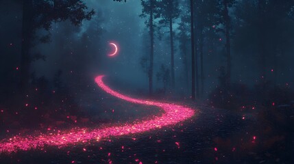 Poster - Glowing Chromatic Path Winding Through Surreal Forest Landscape