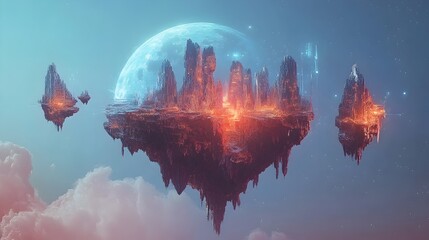 Poster - Glowing Crystalline Islands in Vibrant Imaginative Landscapes