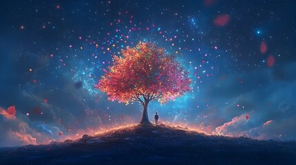 Poster - Glowing Ethereal Tree in Starry Night Sky Symbolizing Limitless Imagination