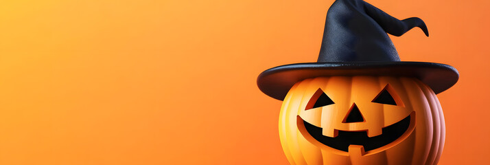 Halloween background with pumpkin wearing a witch with copy space for text