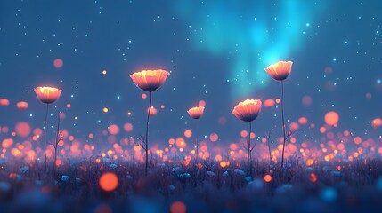 Aufkleber - Glowing Floral Field Under Surreal Aurora Filled Sky Creative Imagination Symbolized