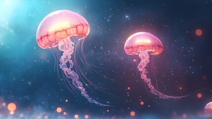 Poster - Glowing Jellyfish Adrift in a Luminous Underwater Dreamscape
