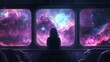 © thenort - A lone figure gazes out a spaceship window at a distant galaxy, with purple hues and sparkling stars filling the frame.