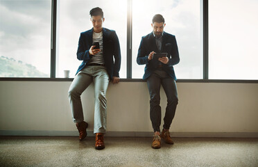 Aufkleber - technology, tablet and cellphone with business people in office, networking and communication with c
