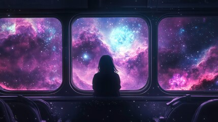 a lone figure gazes out a spaceship window at a distant galaxy, with purple hues and sparkling stars