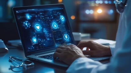 Poster - healthcare professional working on a laptop with digital health data analytics in a modern clinic en