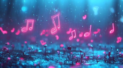 Aufkleber - Neon Hued Musical Notes Floating in an Imaginative Harmony