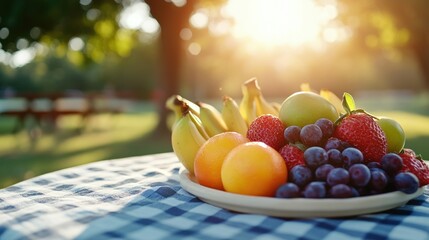 Wall Mural - A plate of assorted fruits on a table in a sunny outdoor setting.