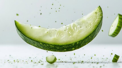 Aufkleber - A fresh cucumber slice suspended in mid-air, with pieces of cucumber falling around it.