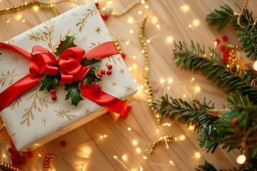 Top view border from holly berry, gift, spruce and lights on the wooden background. New year backdrop with copyspace