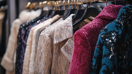 Glamorous apparel on display racks in a high end fashion boutique