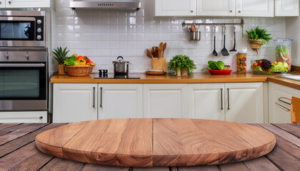 Empty round wood tabletop counter in bright kitchen ready for product montage