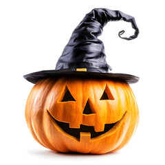 Halloween pumpkin wearing a witch hat isolated on white background