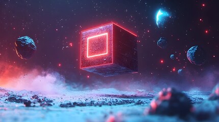 Aufkleber - Vibrant Neon Geometric Shapes Floating in Abstract Futuristic Space
