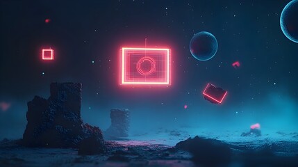 Poster - Vibrant Neon Geometric Shapes in Abstract Futuristic Digital Art Design