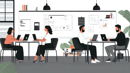 Poster - A modern business office with employees collaborating on laptops and whiteboards 