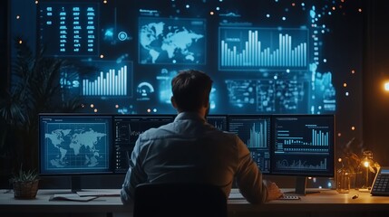 Poster - a data analyst working late at night in an office surrounded by multiple screens displaying global a