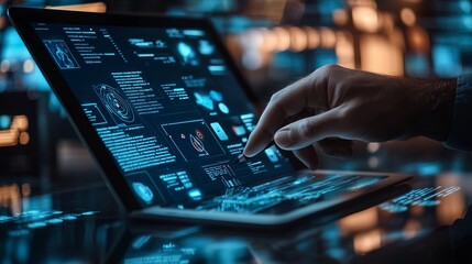 Poster - a person interacts with a high-tech tablet displaying advanced data analytics in a modern workspace 