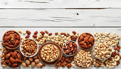 Colorful assortment of mixed nuts displayed on white wooden background, highlighting healthy vegetarian snacks including walnuts, pecans, cashews, and pistachios