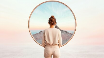 Poster - Woman Looking Through a Circular Window at a Cityscape.