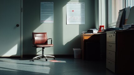 Poster - A quiet office space featuring a chair, desk, and posters with soft light streaming in.