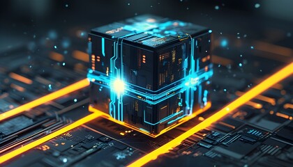 Futuristic Glowing Cube on Circuit Board Symbolizing Technology, Computing, Data, and Artificial Intelligence Innovation