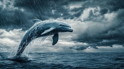 Canvas Print - Dolphin Leaping Through Rain-Soaked Ocean