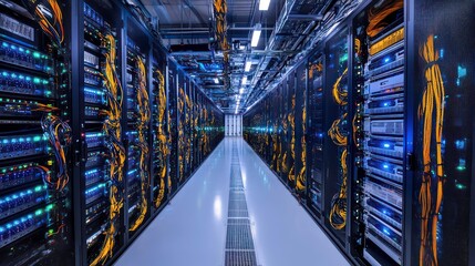 Poster - A long hallway lined with rows of servers in a modern data center.