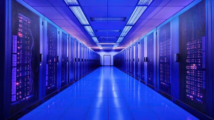 Poster - Server room interior with rows of data cabinets lit by purple lights.