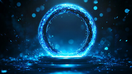 Poster - A glowing blue portal surrounded by swirling particles in a dark fantasy setting during night