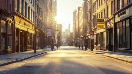 Poster - A quiet urban street at sunrise, showcasing buildings and a serene atmosphere.