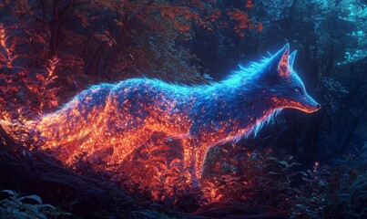 Poster - Glowing fox stands in a dark forest.