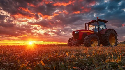 A red tractor is in a field at sunset.