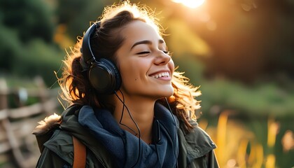 Wall Mural - Joyful woman immersed in music, enjoying every beat with vibrant headphones