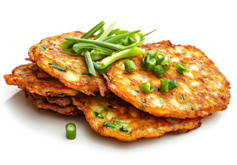 Wall Mural - Crispy vegetable pancakes garnished with scallions isolated on white background