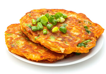 Wall Mural - Crispy vegetable pancakes garnished with scallions isolated on white background