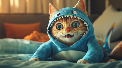 A cute orange tabby cat wearing a blue shark costume lies on a bed.