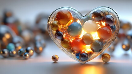 Heart-shaped arrangement of multicolored glass and metallic spheres creating a radiant, floating 3D effect in a soft environment