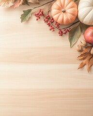 Poster - A wooden table with a pumpkin, apple, and walnuts on it