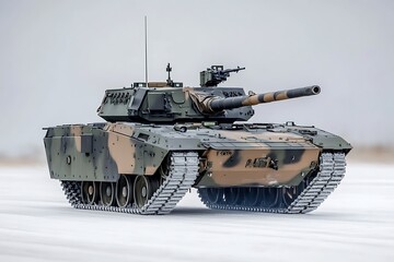 Modern Military Tank on a Snowy Runway