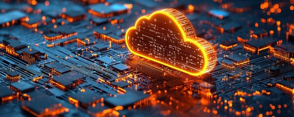 Poster - Luminous Cloud Icon on Digital Circuit Board