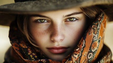 Wall Mural - A close-up portrait of a young person wearing a stylish hat and headscarf with soft natural light highlighting the texture and patterns