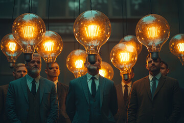 Poster - A team of executives trying to brainstorm ideas with giant lightbulbs hovering over their heads, none of which light up.