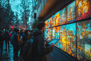 Wall Mural - A startup team huddled around a pitch deck that's projected on the side of a building, while they try to read it from across the street.