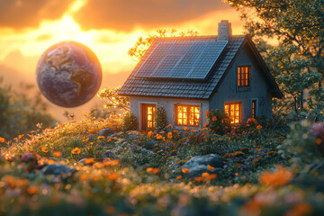 Canvas Print - A small solar panel on a house with a giant globe in the sky behind it, linking local energy solutions to global climate goals.