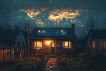 Poster - a small solar-powered house in a quiet neighborhood, with a large world map projected on the night s